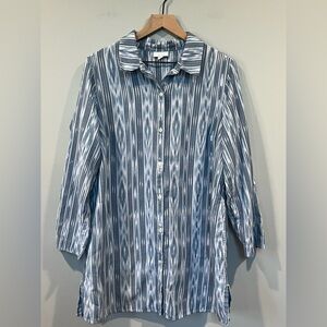 J. Jill Pure Jill Cotton Button Front Ikat Blue Tunic Top Size XL 3/4 Sleeve